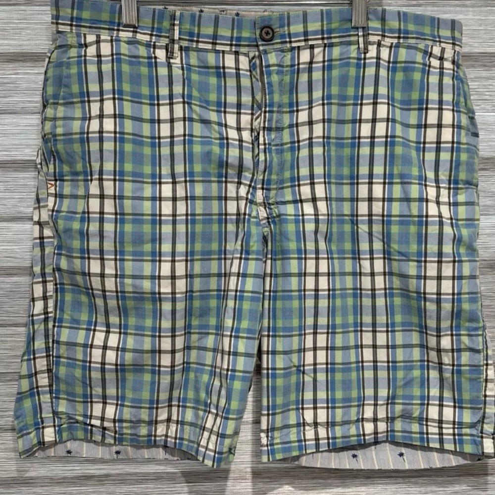 Tommy Bahama Shorts Reversible Blue Madras Plaid Palm Tree 10" Hawaiian Size 40